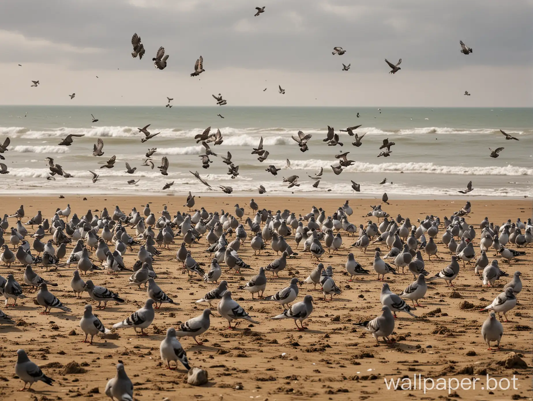 a flock of pigeons in tactical armament lands on the beach in Normandy