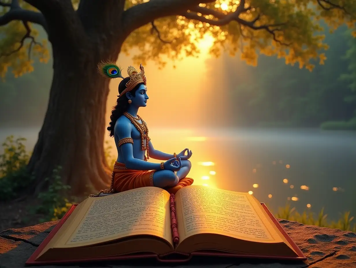 An artistic depiction of Lord Krishna meditating serenely under a large banyan tree, surrounded by an ethereal glow. He is seated in a lotus position, wearing a golden crown with a peacock feather, adorned with vibrant blue robes. The background shows a tranquil riverside landscape during sunrise, with soft golden light filtering through the trees. In the foreground, an open Bhagavad Gita rests on a small pedestal, with Sanskrit verses faintly glowing. The scene exudes a spiritual and serene atmosphere.