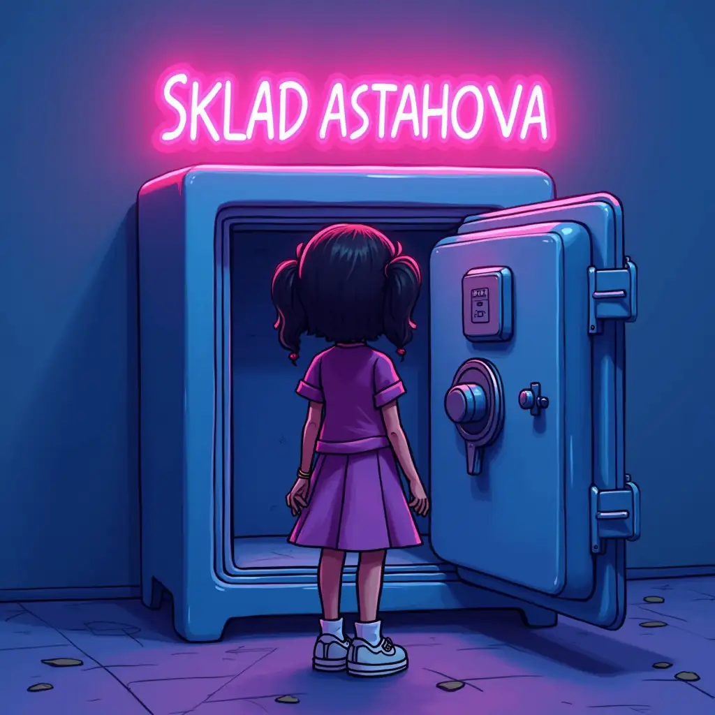 /Img an adult Girl stands in front of an open empty safe smaller than her, everything in a cartoon style, colors blue pink and purple, neon sign SKLAD ASTAHOVA on top