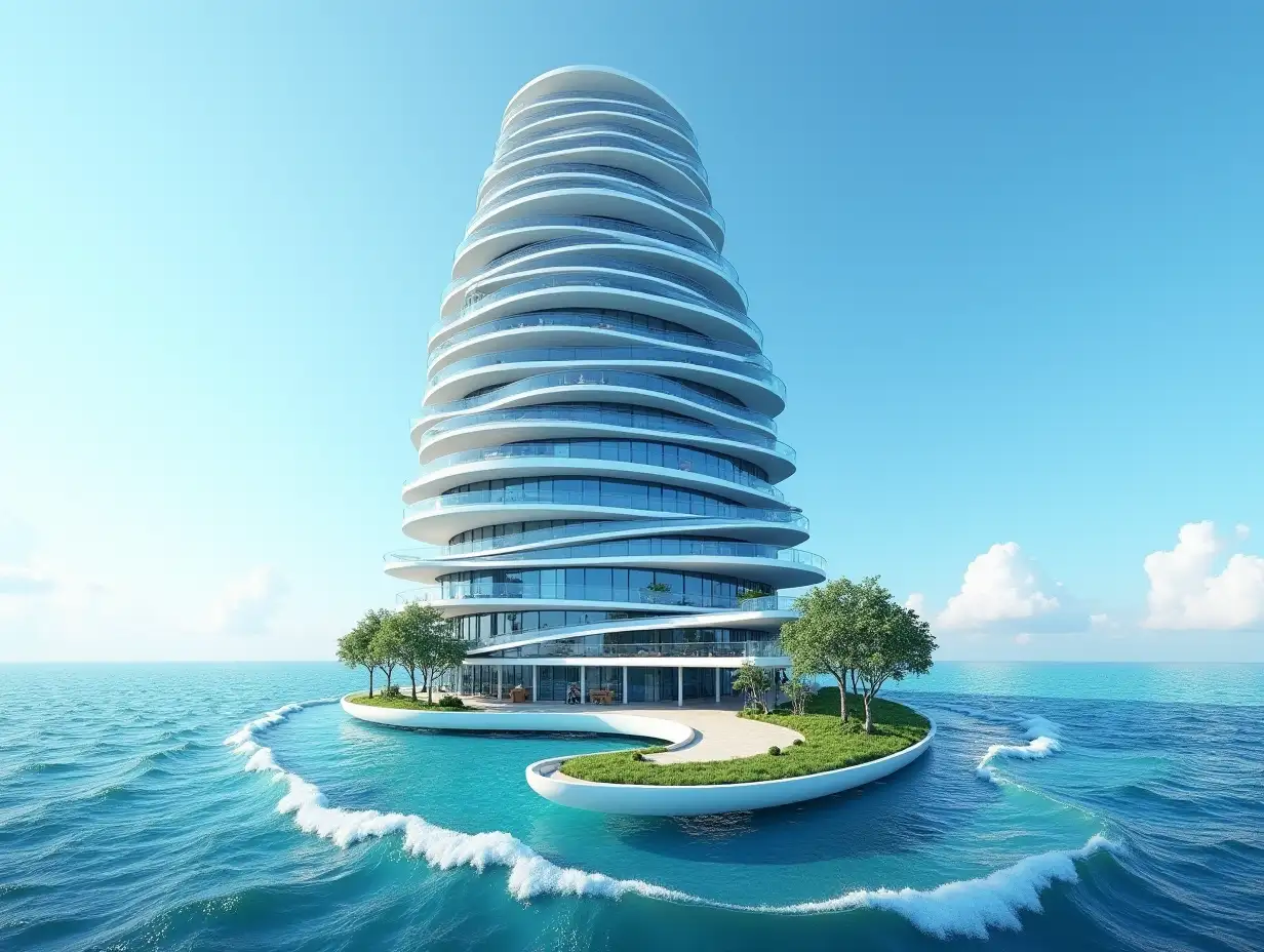 Create a high-resolution, realistic panorama image of a futuristic very tall building with windows twisted like a snail's house with blue and white facades with sea with very large waves, big trees, blue sky