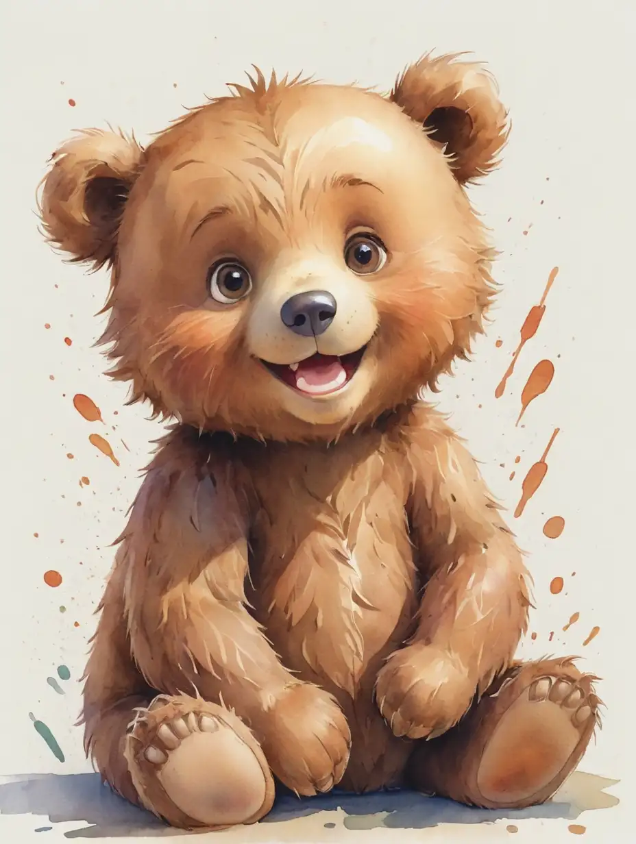 Happy Child Bear Watercolor Illustration on White Background