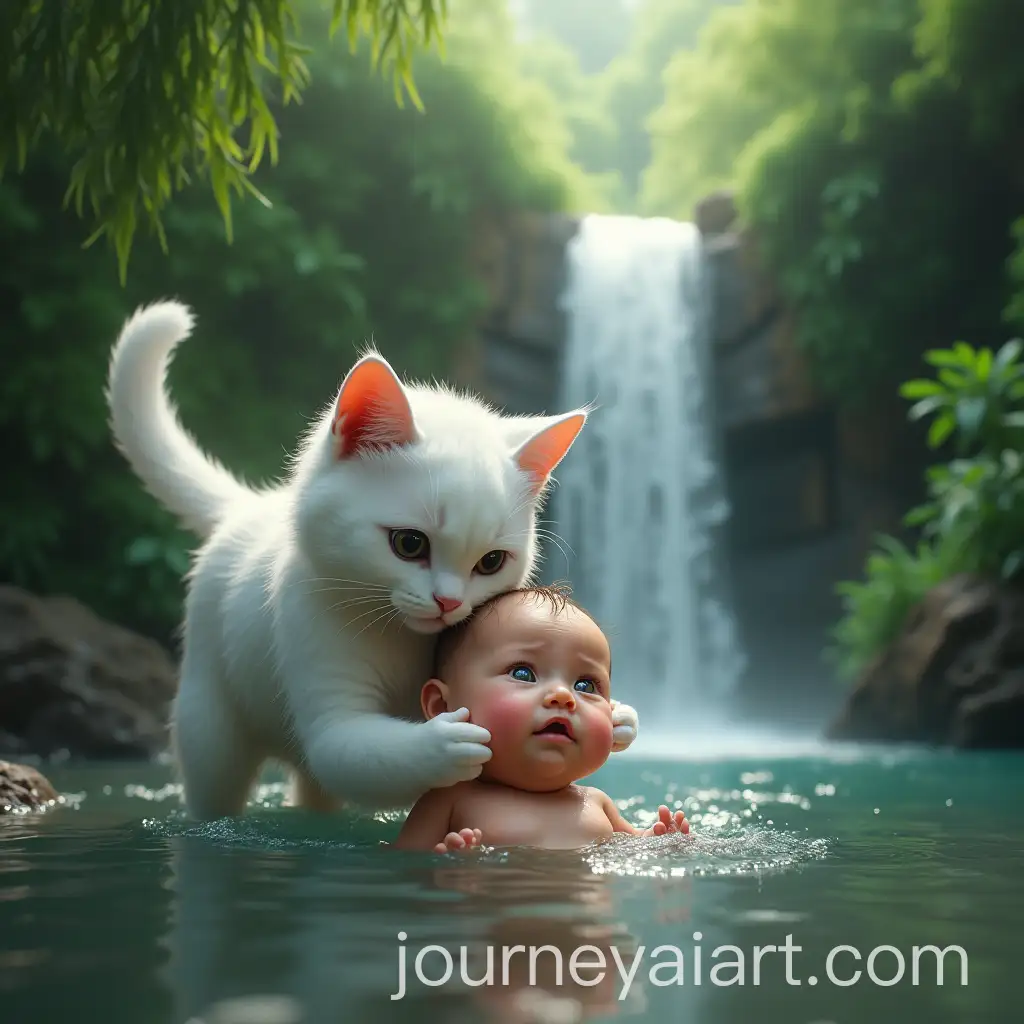 White-Cat-Rescues-Baby-by-CrystalClear-Waterfall-in-Lush-Jungle