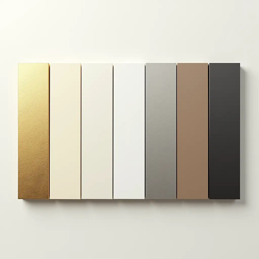 Create a thin rectangle divided only into 7 sections, each showing one of the 7 different colors all in semi gloss finish on metal pieces: metallic gold, metallic creamy white, metallic white, metallic light gray, metallic light mocha brown, metallic mica black, and metallic dark gray. All 7 colors should be in the picture