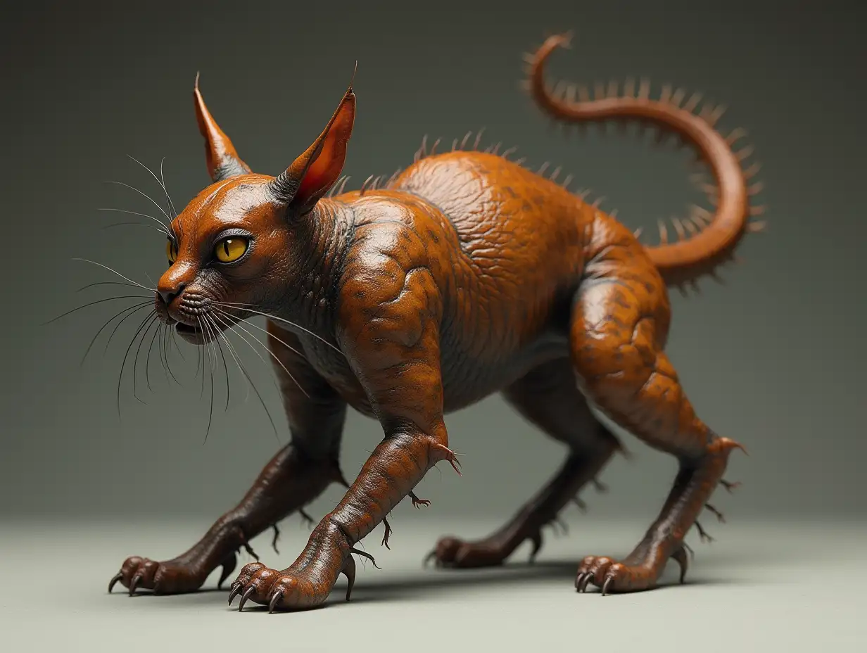 realism, A mutant animal, the body_cat, the head_cockroach, the tail_snake, and the paws_fly photorealism