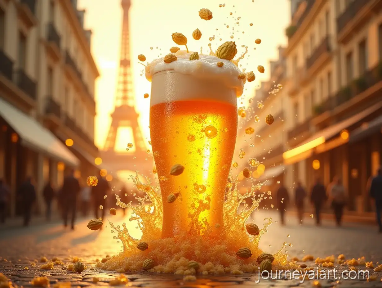 Giant-Glass-of-Beer-with-Hops-and-Barley-Near-Eiffel-Tower-at-Sunset