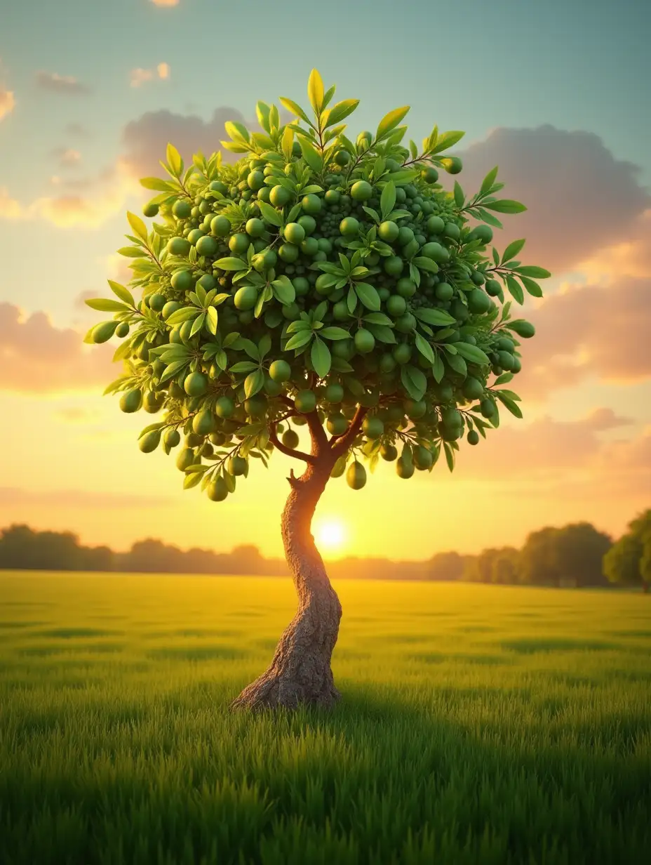 A single Guava tree in green grass field sunset at the horizon hyper realistic