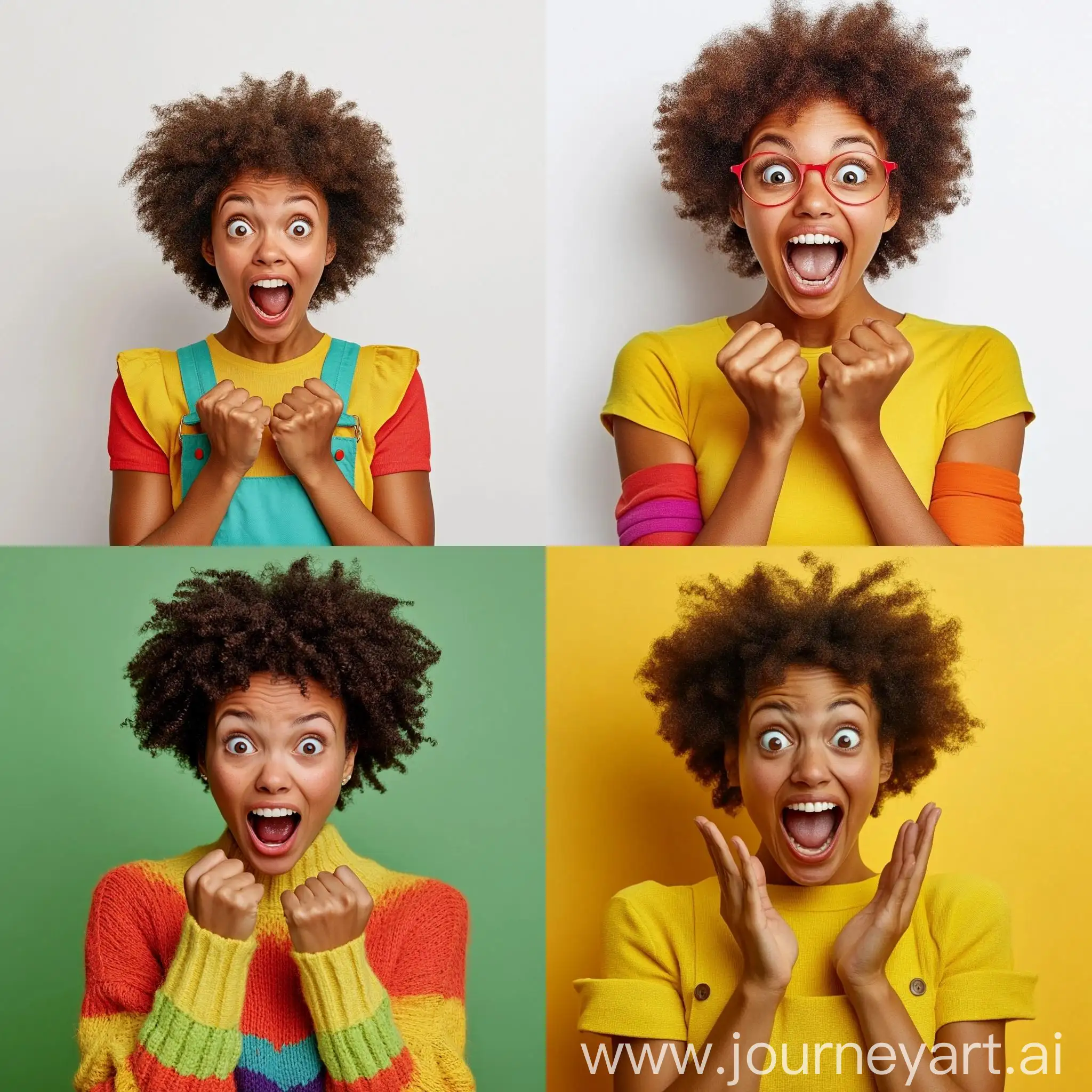 Excited-African-American-Woman-with-Afro-Hairstyle-in-BrightColored-Clothing