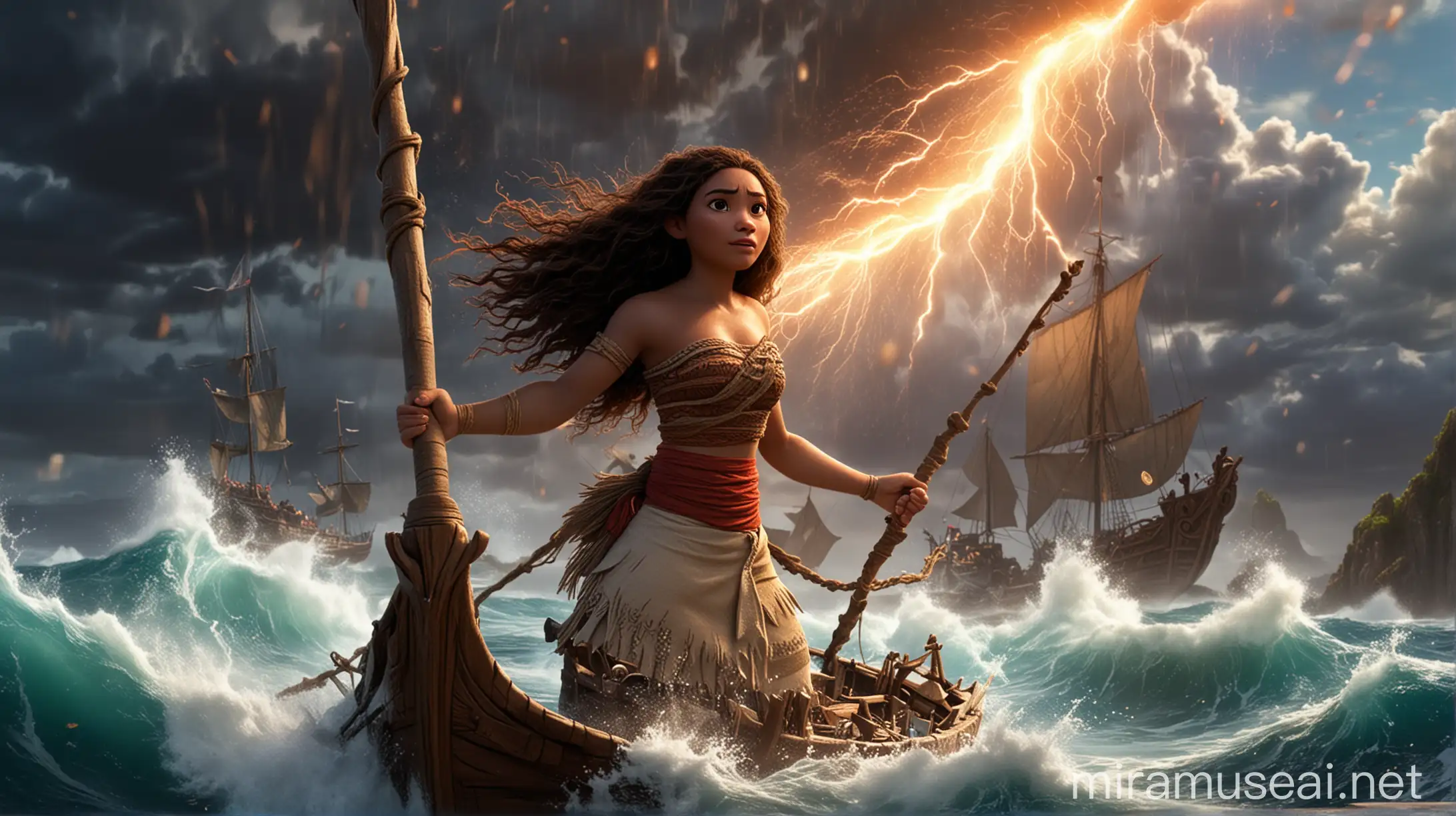 Moana Confronts Sea Storm with Enchanted Staff