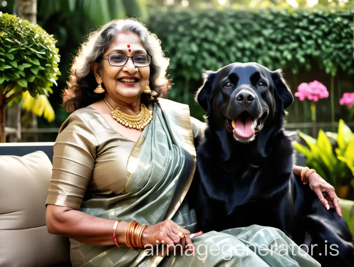 Elegant-Mature-Indian-Woman-with-Dog-in-Luxurious-Garden