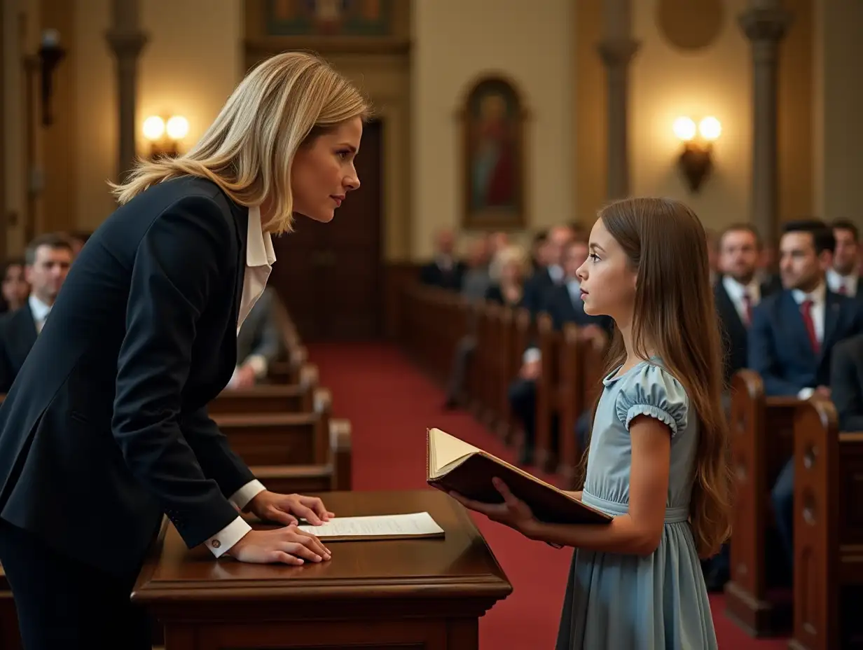 A formal gathering inside a church with a well-dressed audience seated in the background. A confident 35-year-old blonde woman, wearing a dark navy suit with a white blouse, leans forward on a wooden podium, looking intently at a young girl standing in front of her. The girl, around seven years old, has long, light brown hair and wears a light blue dress. She holds a large, old book with both hands and gazes up at the woman with an innocent and sincere expression. The church interior has warm lighting, wooden pews, and religious decorations on the walls, creating a solemn yet inspiring atmosphere.