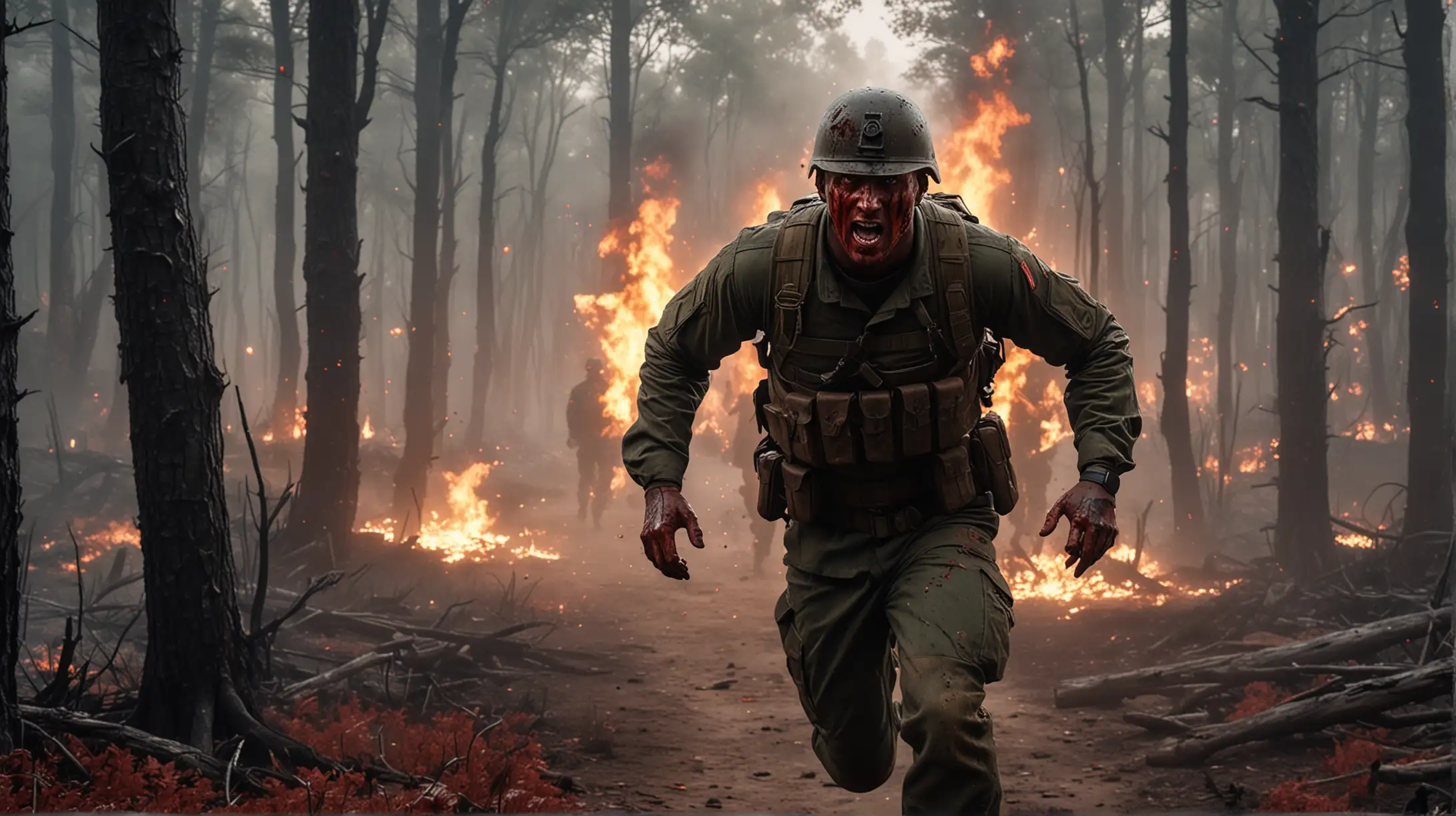 Bloodied Soldier Running in Fiery Forest