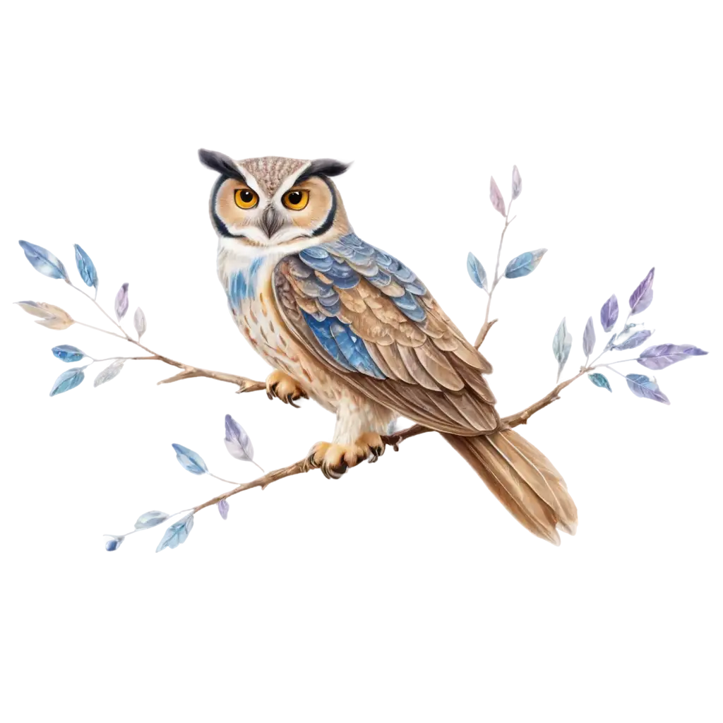 Design a mystical, artistic owl perched on a branch with intricate feathers that blend geometric patterns and nature-inspired elements. The owl should have large, expressive eyes, glowing slightly with a soft, ethereal light. The feathers should transition from deep blues and purples near the body to lighter shades of gold and silver at the tips, adding a sense of magic and mystery. Surround the owl with subtle floral or moon motifs to enhance the magical vibe. The background can have a starry sky or soft clouds to make it feel like the owl is floating in the night. The design should be bold and eye-catching, with a slightly abstract style that feels both modern and mystical.