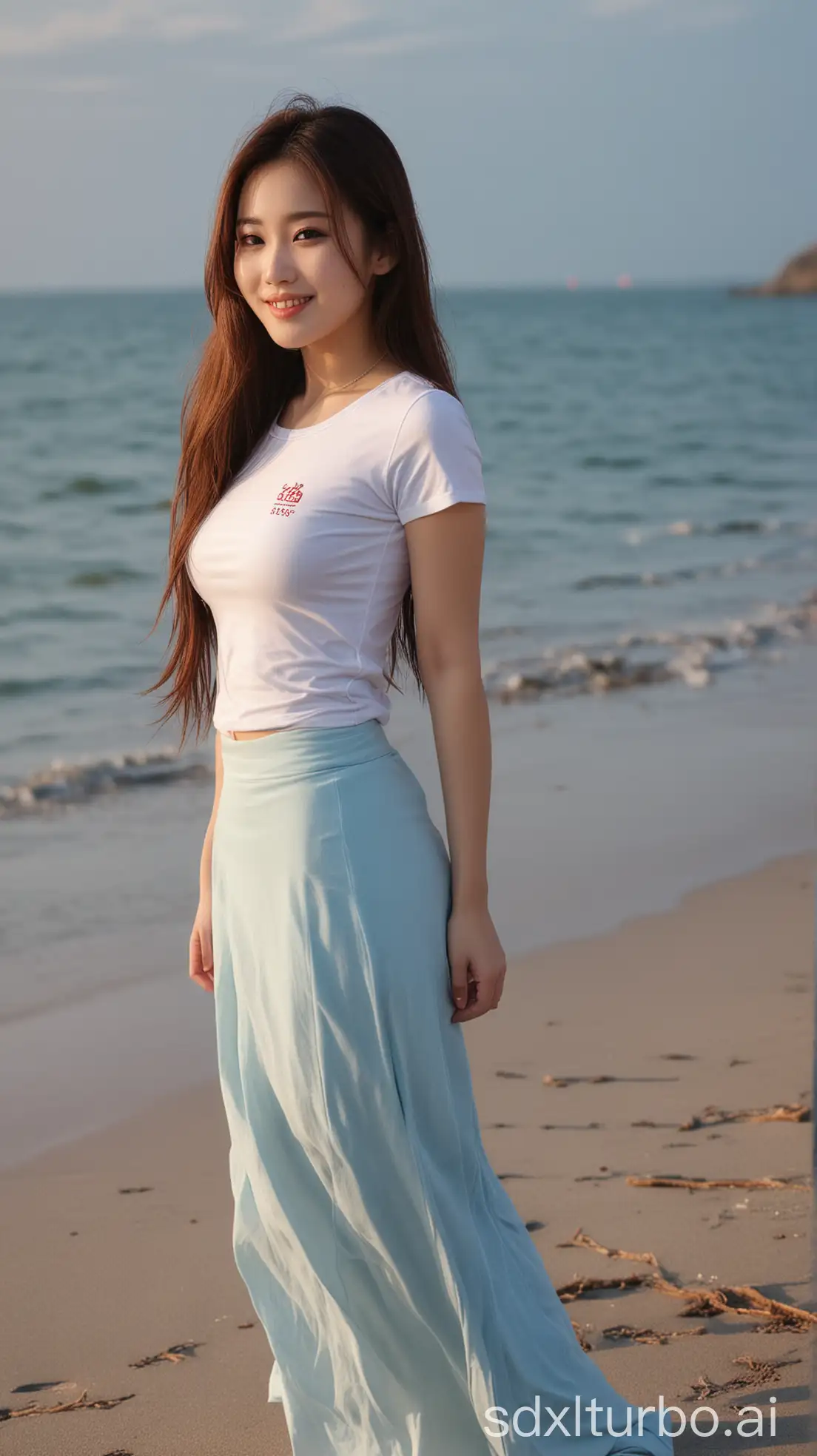 Chinese-Beauty-in-Winter-Sunset-on-the-Beach-with-Sweet-Smile-and-Elegant-Back-Pose