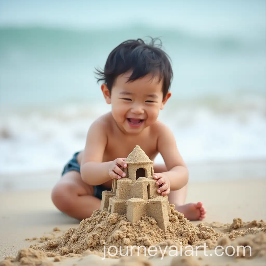 Asian-Toddler-ReAI-Image-Prompt-Expansionbuilding-Sandcastle-After-Sea-Wave-Demolition