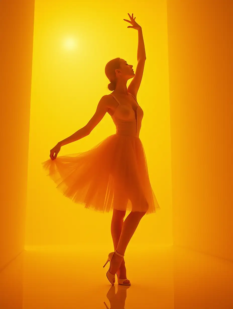 BALLERINA posse, She worships the orange yellow sunlight New York   HIGH HEELS FEMALEe FULL BODY OUTFOT PHOTO BALLERINA   adding a surreal, avant-garde fashion aesthetic. The background is soft and minimalistic, highlighting the subject’s ethereal presence. Ultra-detailed, sharp focus, soft cinematic lighting. 4K resolution, digital photography style.