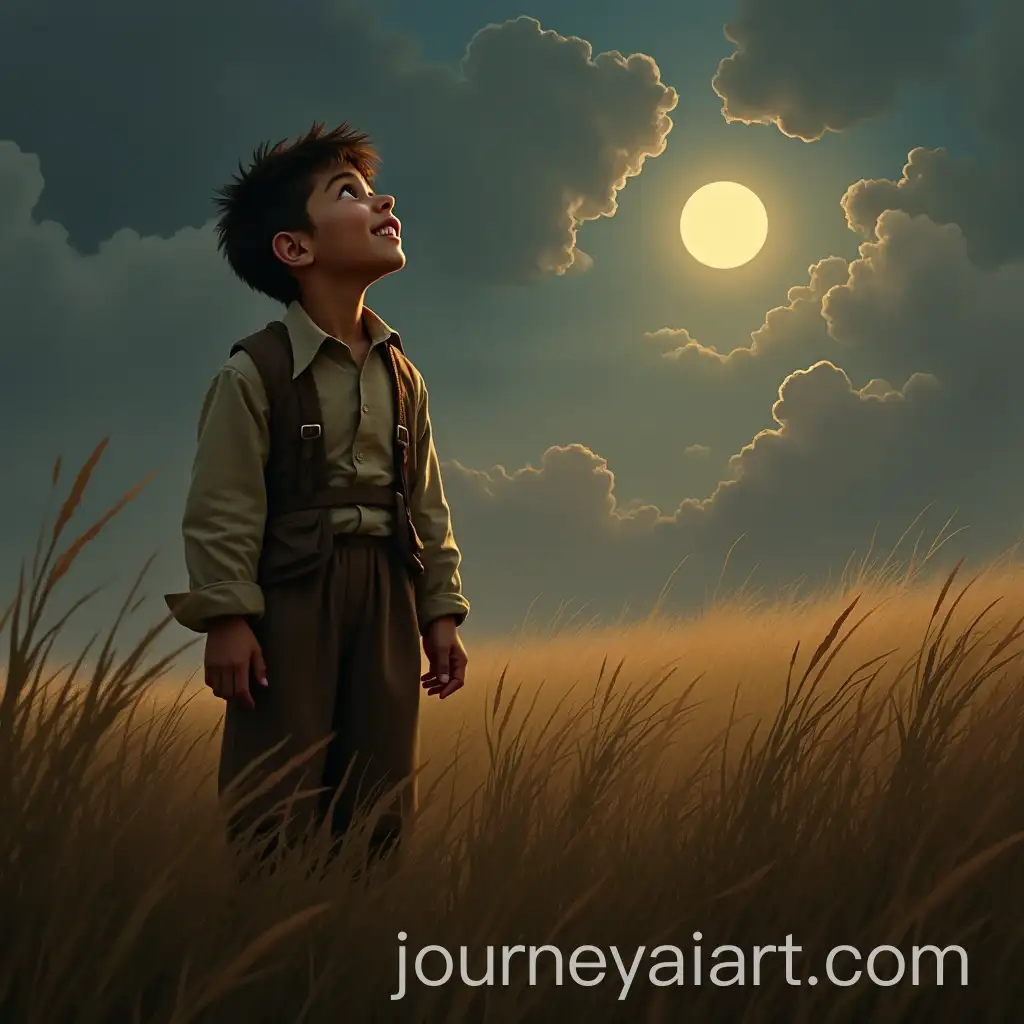 Peasant-Boy-Gazing-at-the-Sky-with-Hopeful-Expression-in-a-Harsh-Environment