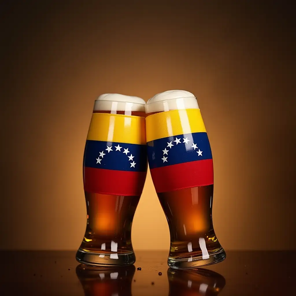 Celebrating and toasting with beer, whiskey, with the flag of Venezuela