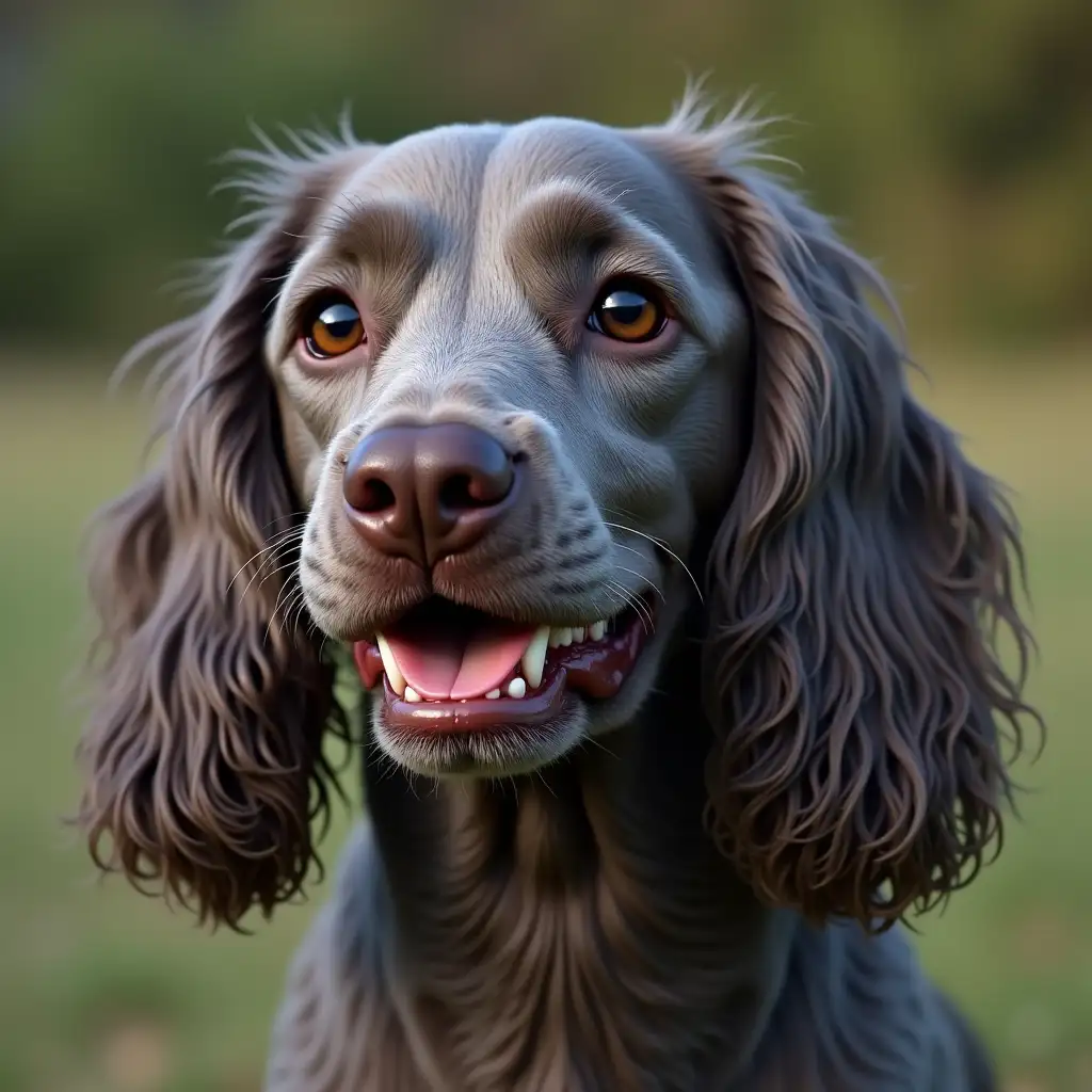 grey liver spot cocker spaniel with a long thin nose with big eyes and open mouth.