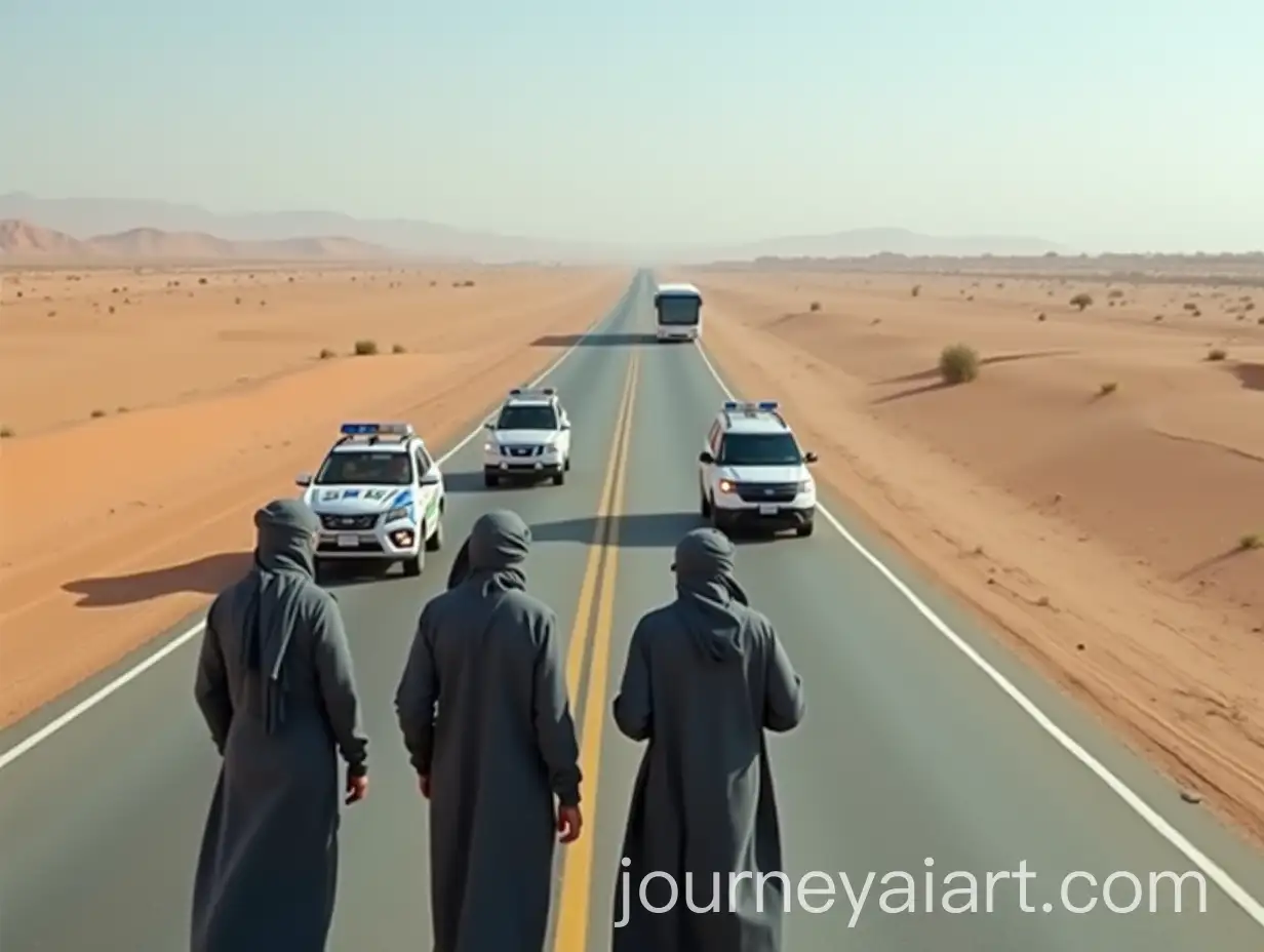 HAI-Image-Prompt-Expansionajj-Pilgrims-Surrounded-by-Saudi-Police-on-Desert-Highway-with-Bus-and-Police-Cars