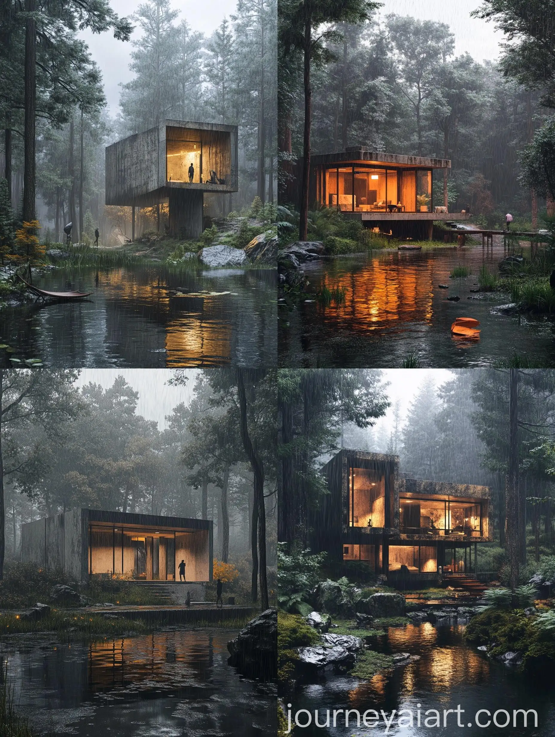 Tiny-Brutalist-House-in-Realistic-Forest-Scene-with-Heavy-Rain