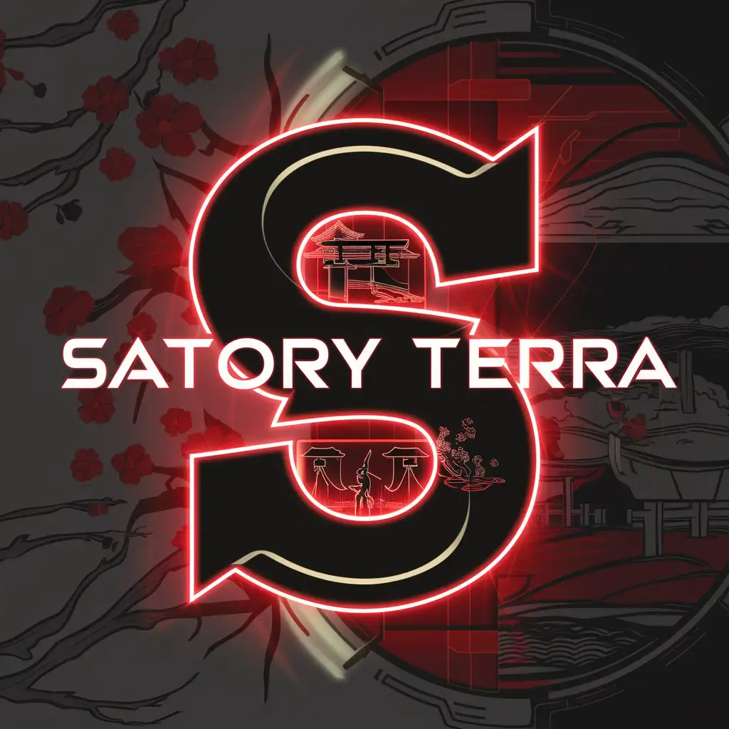 a vector logo design,with the text "SATORY TERRA", main symbol:A vector logo design with the text 'SATORY TERRA'. The central element is a large, stylized letter 'S' in a tech-inspired font with a strong Japanese influence, such as a samurai-inspired design or elements of traditional kanji, glowing with neon red light. Inside the letter 'S', there are subtle outlines of a Japanese landscape, including elements like cherry blossoms, a rising sun, or a torii gate, all drawn with fine lines. The background should include elements reminiscent of Japanese culture, like stylized cherry blossoms or a rising sun, merged with futuristic tech patterns. The design should blend traditional Japanese aesthetics with modern technology, creating a harmonious, yet bold, visual impact, with a clear background.,Moderate,be used in Internet industry,clear background