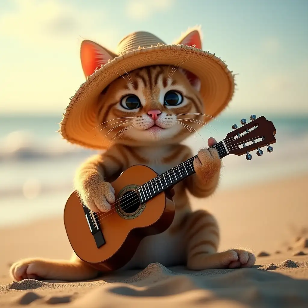 A realistic cat wearing a straw hat is playing guitar on the beach, masterful photorealistic rendering, natural lighting, soft shadows, 4K resolution, highly detailed fur texture, natural pose, Canon EOS R5, f/2.8, golden hour lighting, detailed sand texture, rule of thirds composition