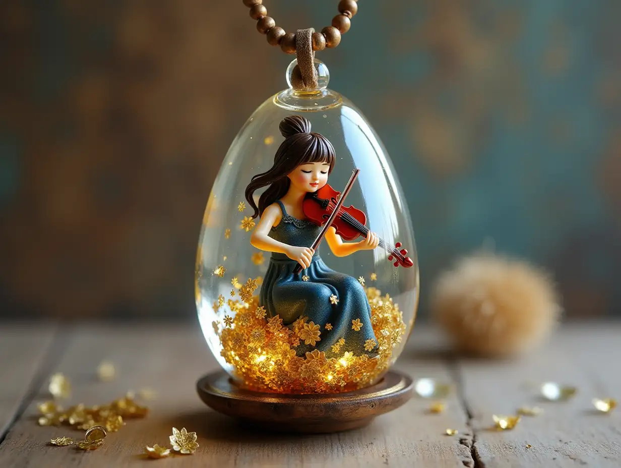 Create for me a glass egg pendant with a woman inside that plays the violin