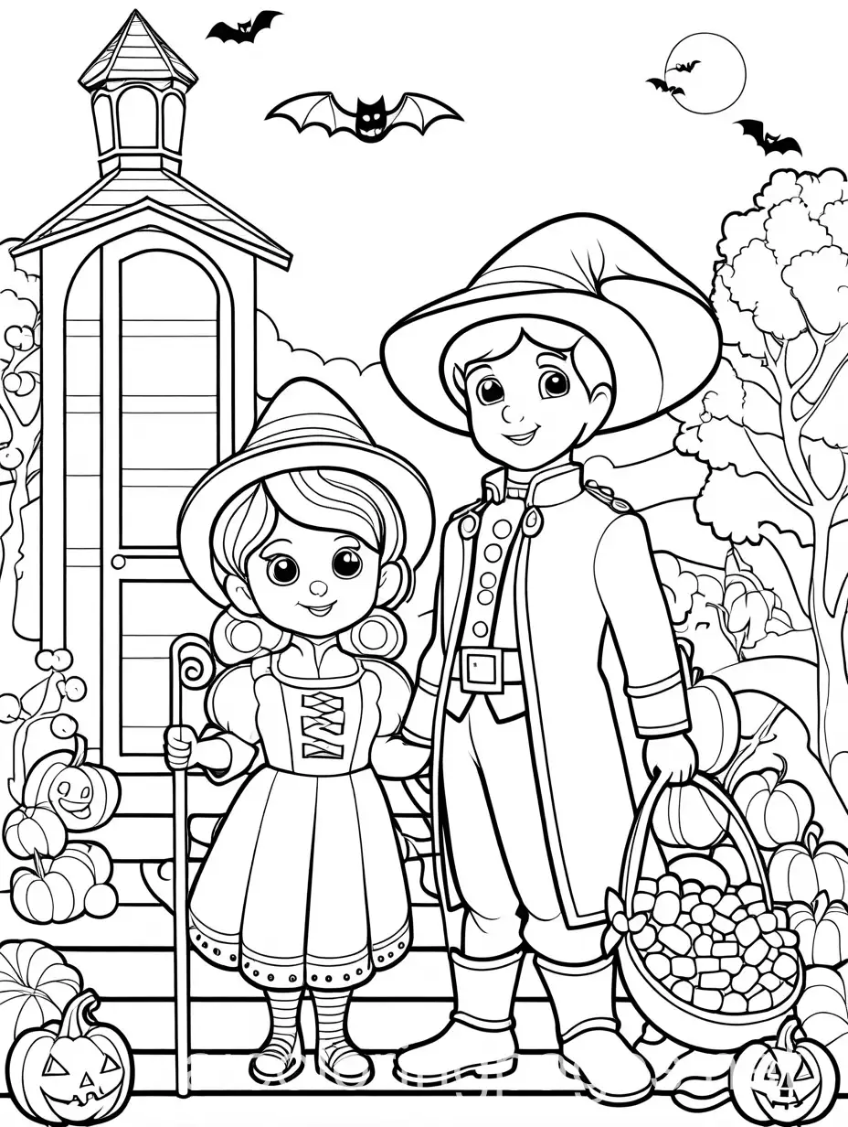 Halloween-Coloring-Page-for-Kids-with-Costumed-Characters-and-Candy