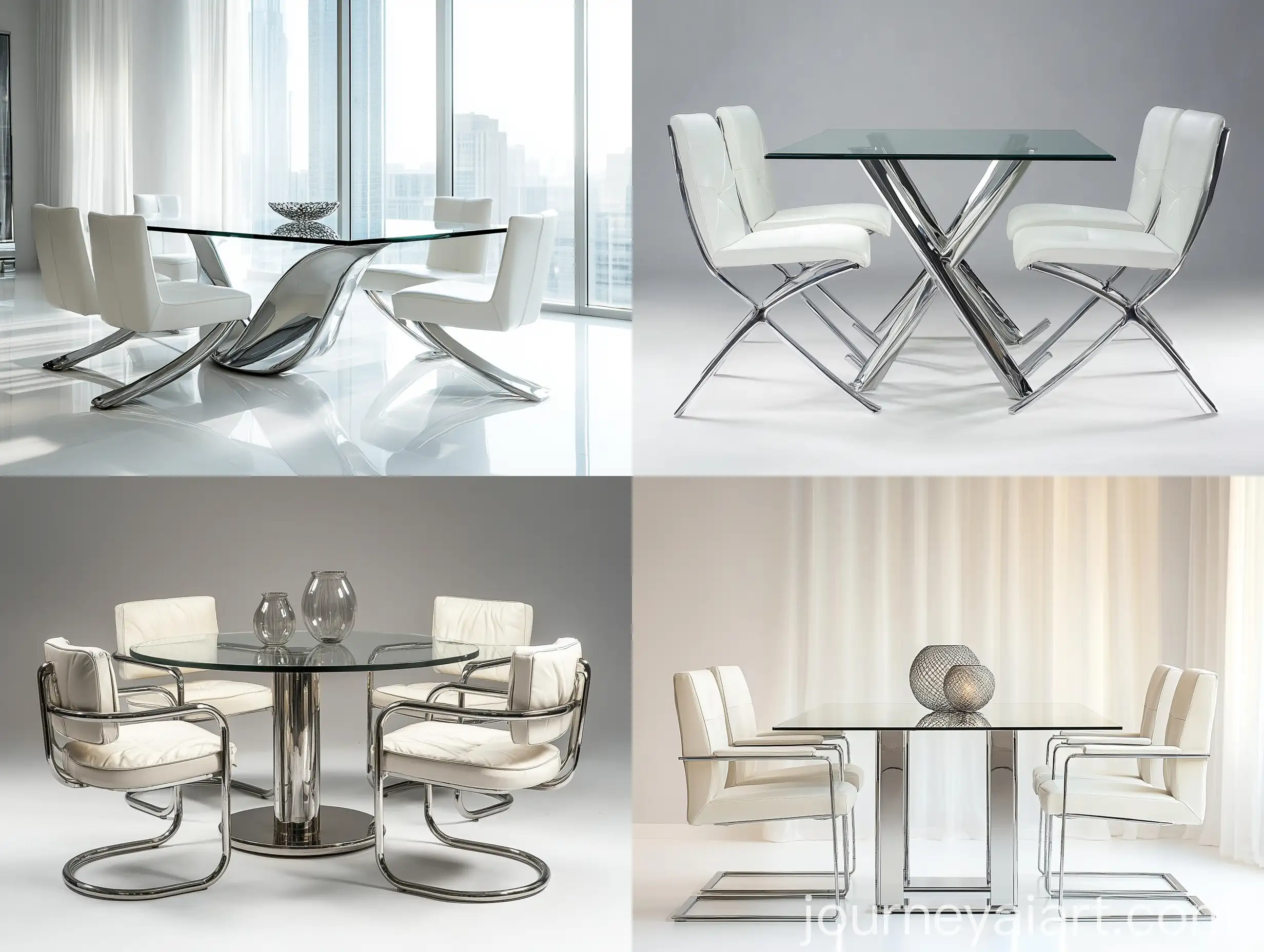 Modern-Dining-Table-with-Glass-Top-and-White-Leather-Chairs