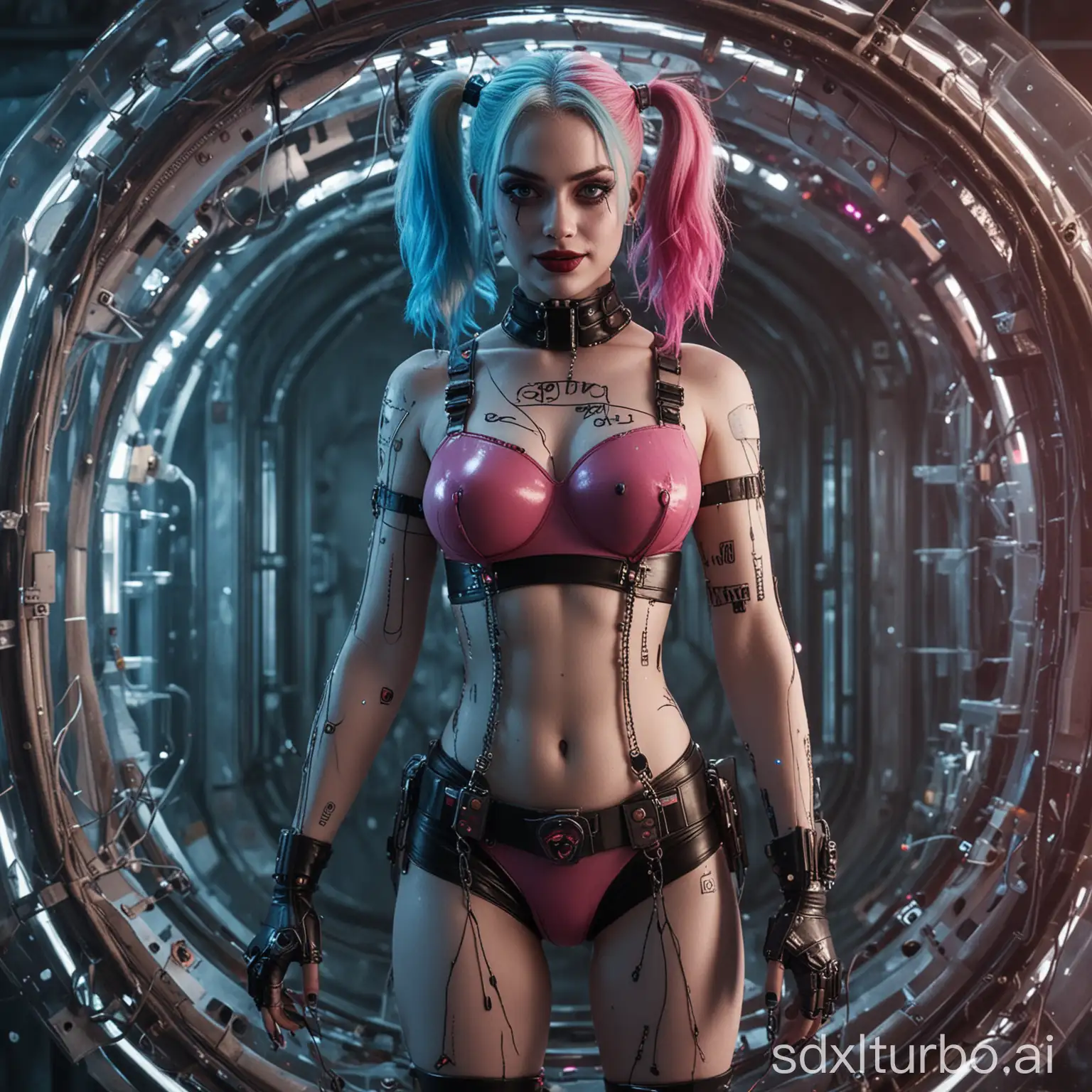 user_prompt: Cinematic full body image of Harley Quinn with pink and blue hair, her body is completely robotic, connected by wires in a cryogenic chamber on a spaceship, and it's possible to see planet Saturn through the spaceship window