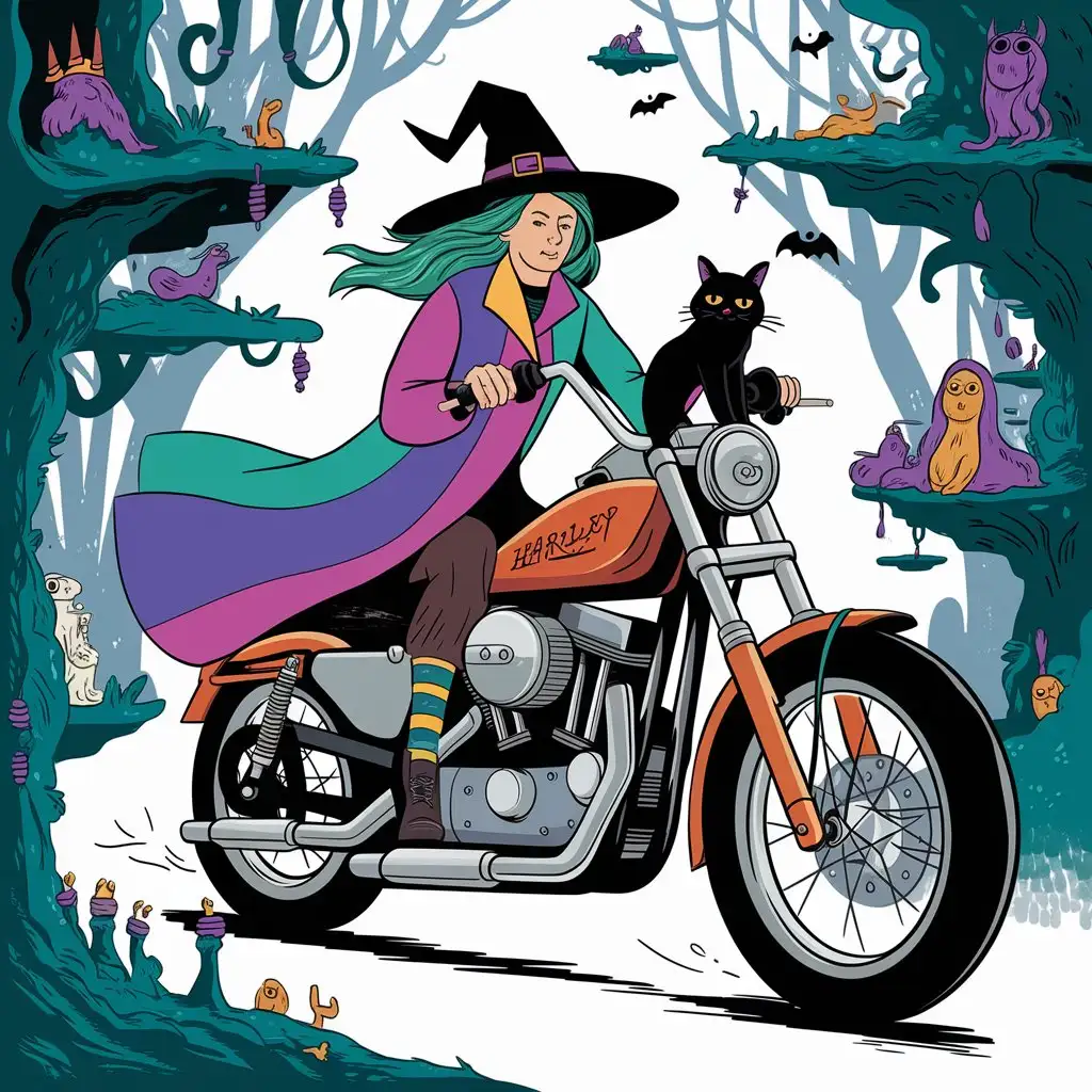 Fantastical Forest Witch Riding Harley Motorcycle with Black Cat