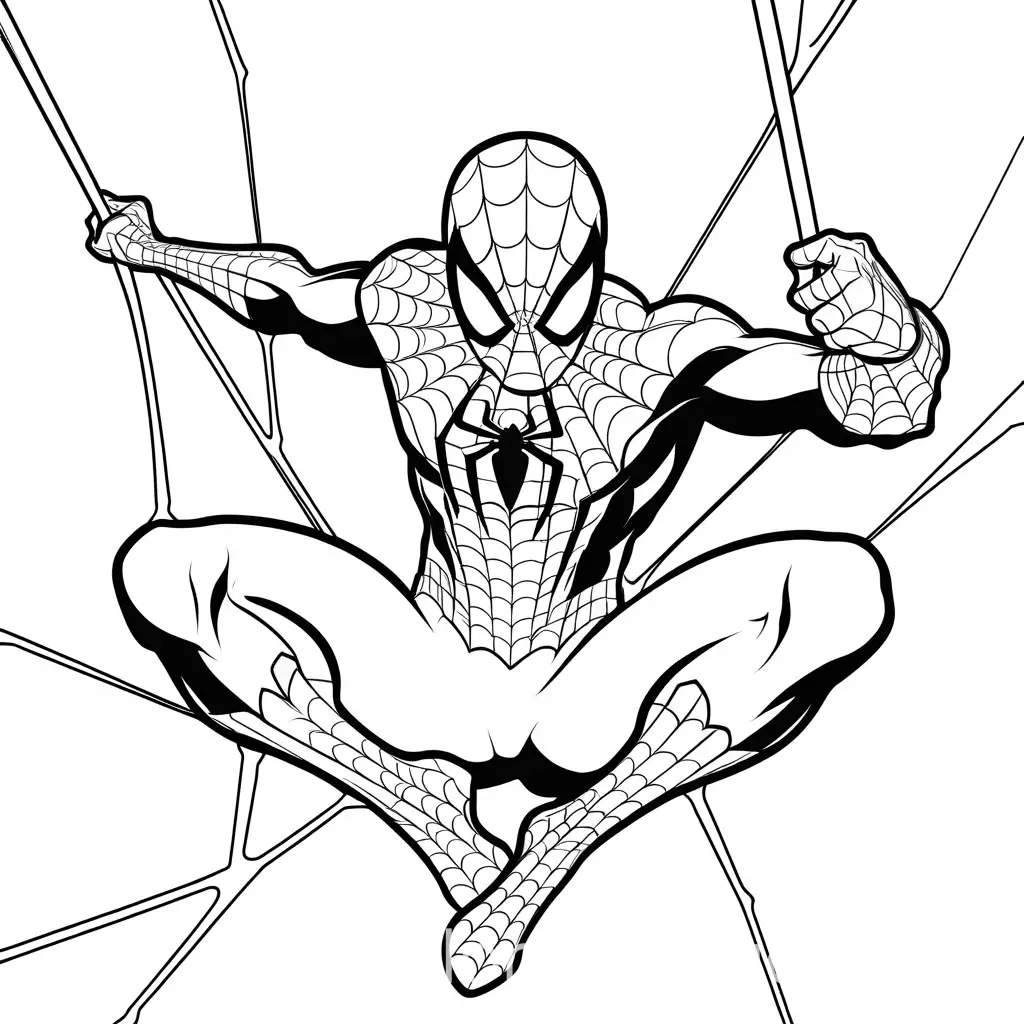 A Spider Man on his shooting-web pose, white background, Coloring Page, black and white, line art, white background, Simplicity, Ample White Space. The background of the coloring page is plain white to make it easy for young children to color within the lines. The outlines of all the subjects are easy to distinguish, making it simple for kids to color without too much difficulty