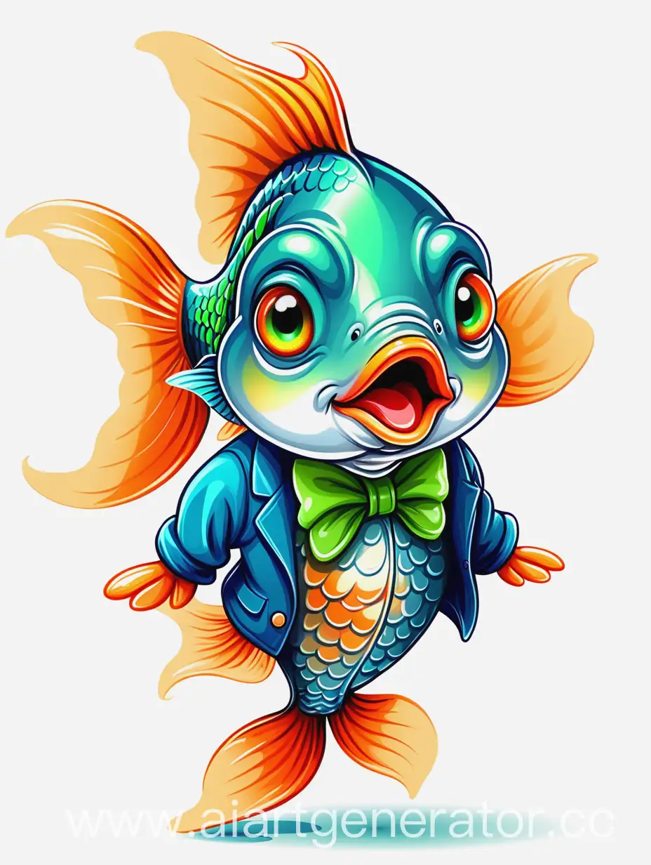 Cartoon-Goldfish-in-Blue-and-Green-Clothes-on-White-Background