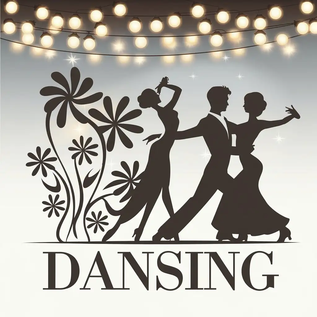 a vector logo design,with the text "dansing", main symbol:model next to young man silhouette and young woman silhouette dancing tango with many lights above the family of flowers lofus,Moderate,clear background