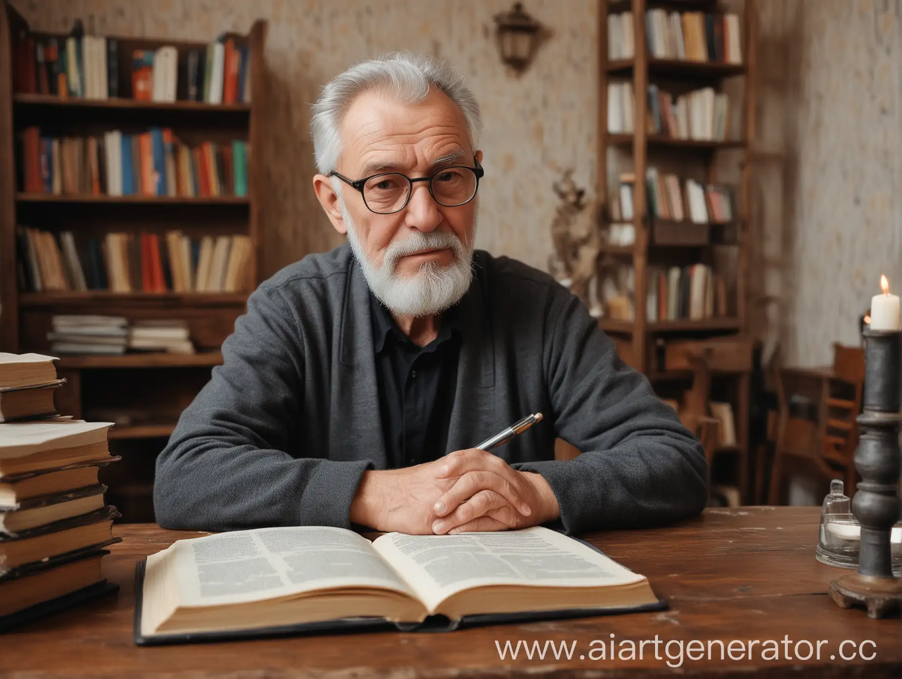 Elderly-Grandfather-Reading-Surrounded-by-Books-and-Glasses