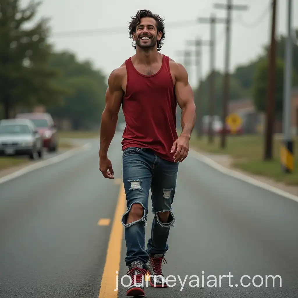 Stylish-MixedRace-Man-in-Red-Boots-and-Tank-Top-Walking-on-the-Road