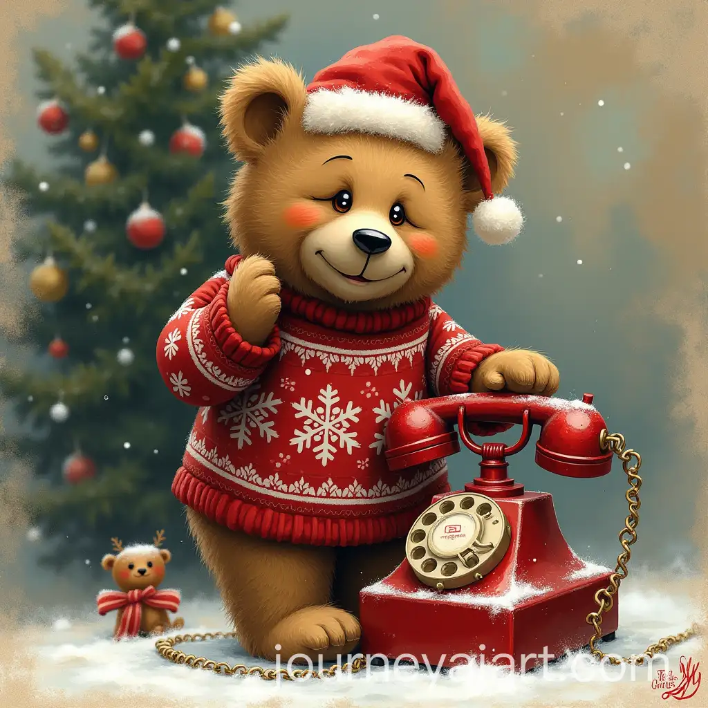 Bear-in-Christmas-Jumper-with-Vintage-Telephone