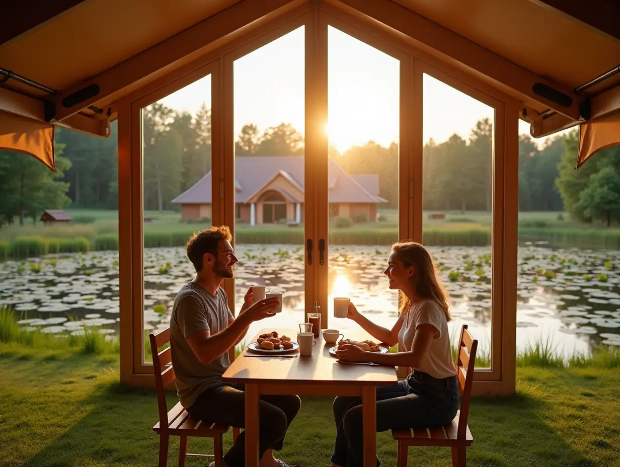 a cheerful man and a woman are sitting and drinking coffee inside a tent tent (this is a pavilion for a summer cafe) this tent pavilion is located on a grassy lawn, they have fragrant various pastries on the table, and behind the man and woman in the distance at a distance of 50 meters there is a huge eco-pond with crystal clear water and a large amount of pink lily pads and the pond have natural gentle grassy banks, similar to wild ponds, on the other side there are only 2 small one-storey chalet houses located away from the pond shore, these houses have the appearance of a single-storey chalet with a gable tiled roof, each slope of the roof is smooth without bending, these chalet houses are built from a system of wooden beams consisting only of vertical wooden beams, and only in the half-timbered style and between the glass beams the glass walls are panoramic windows in all walls from floor to roof, that is, each wall It is a panoramic window, at sunset and in the reflections of sunset light, the foreground view is in focus, and the background is blurred, realistic