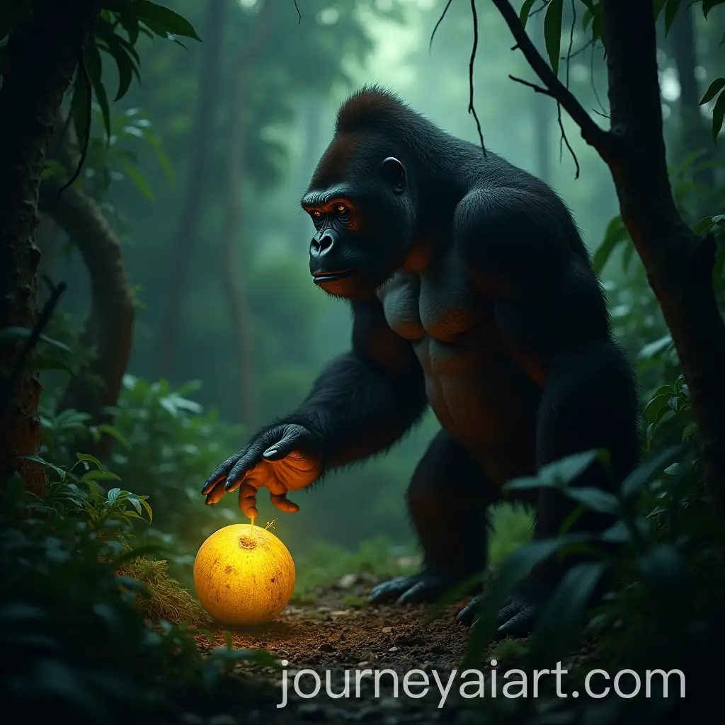 Gorilla-Reaching-for-Glowing-Toxic-Coconut-in-Lush-Jungle