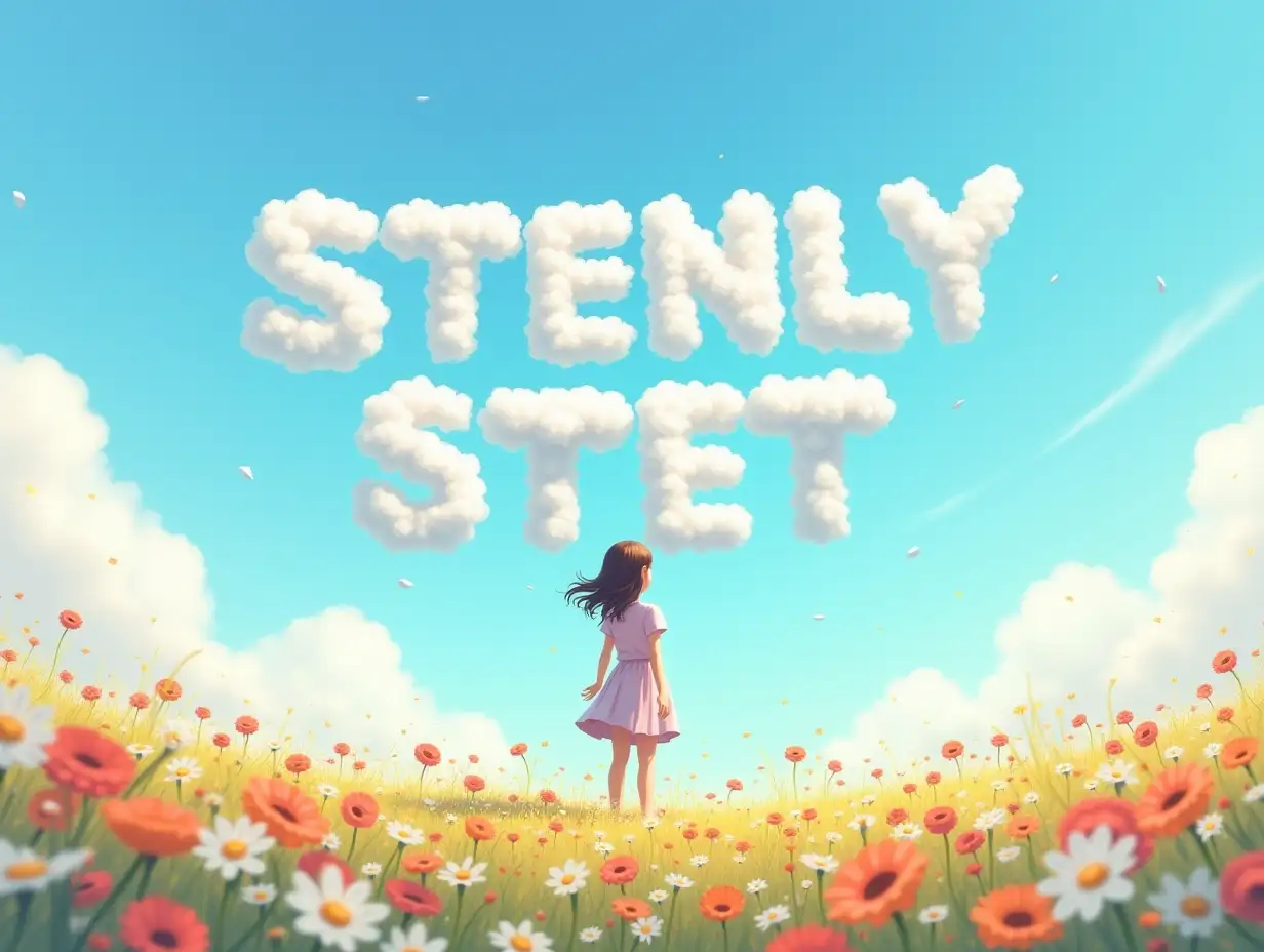 The girl stands in the middle of a flower field and looks at the sky, on the blue sky is written in letters from fluffy weightless clouds: “STENLY STET”