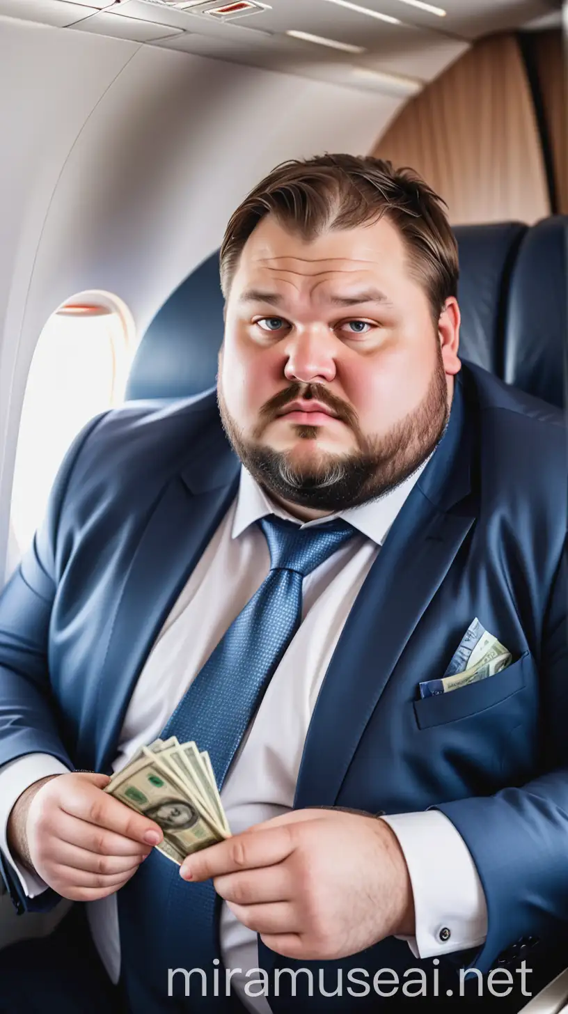 Affluent MiddleAged Man in Private Jet Counting Wealth