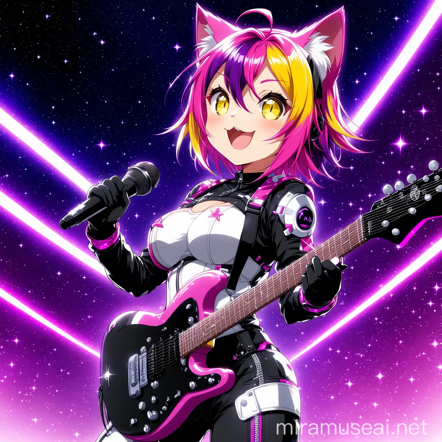 an anime (((anthropomorphic animal cat))),  is a futuristic rockstar, breast,  ((short multicolors edgy haircolors, every edge has a different color between pink, white and violet))), yellow eyes, is dressed like a futuristic rockstar, happy look, she is singing, in epic space anime