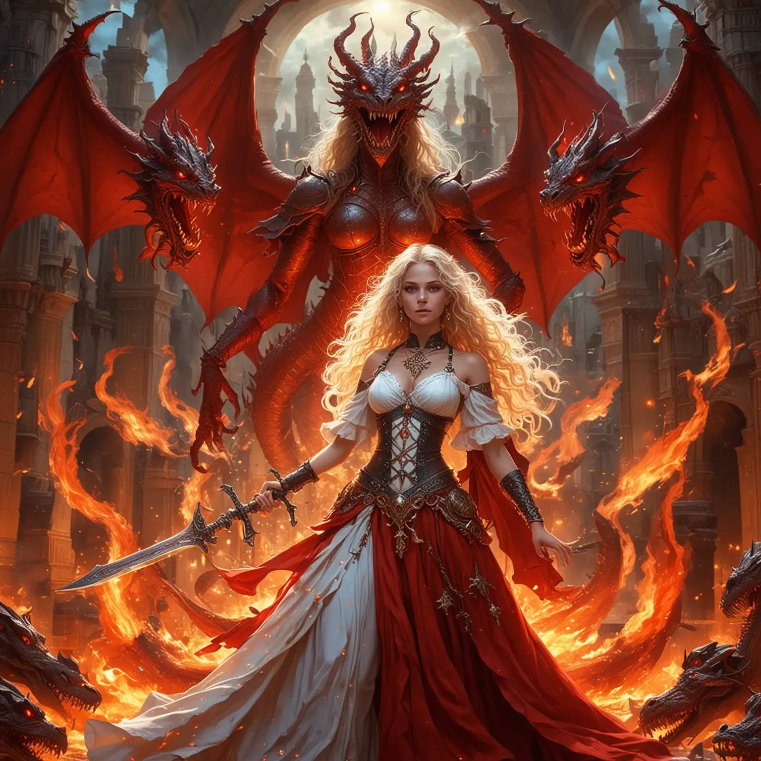 goddess empress beautiful adolescent goddess sorceress maga alien vampire with curly long hair honey blue blond white and red surrounded by circles of fire and fire ,with two large giant swords made of fire smile diabolical and mysterious surrounded by giant red dragons, made of fire and background a huge battle and a dark palatial hindu arabic huge and crosses long and vatican ruins