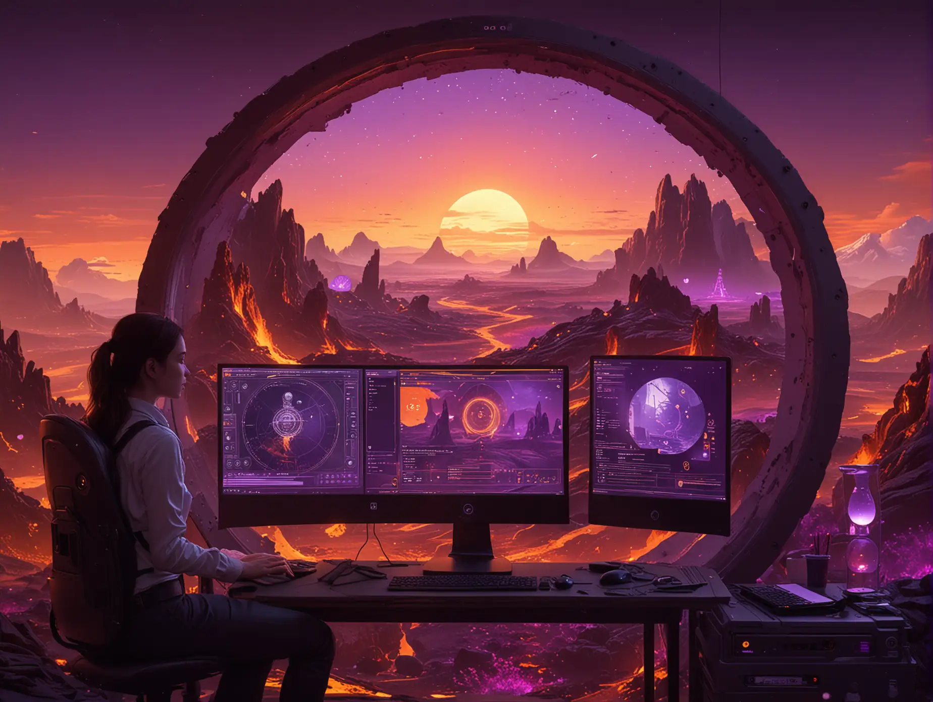 A Human and an AI performing a task on a pc screen which shows a scene with a object superimposed and a 1-10 rating scale beneath it in a sci fi environment in a fantasy art-style with purple and orange ambient light with lava lamps and well put together interior and a round window to the outside showing 3 suns. the numbers should be correct on the rating scale. the subjects (human and embodied AI) are focusing on the task and are right in front of the screen and close together and look at th screen.