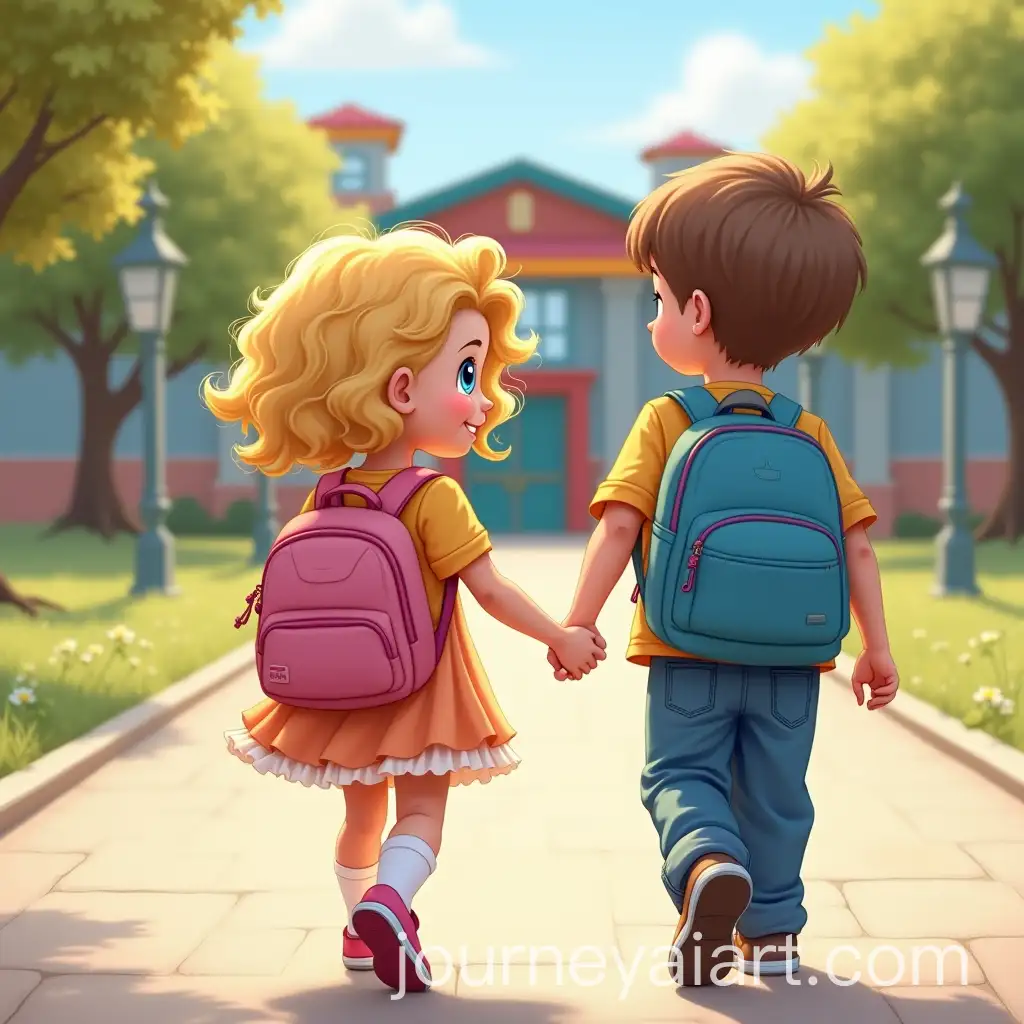 Young-Siblings-Walking-Toward-School-on-a-Sunny-Morning