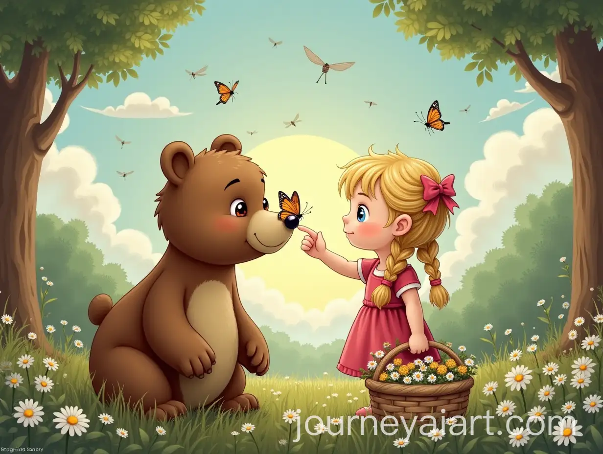 Baby-Bear-and-Blond-Girl-in-the-Forest-with-Butterflies-and-Flowers