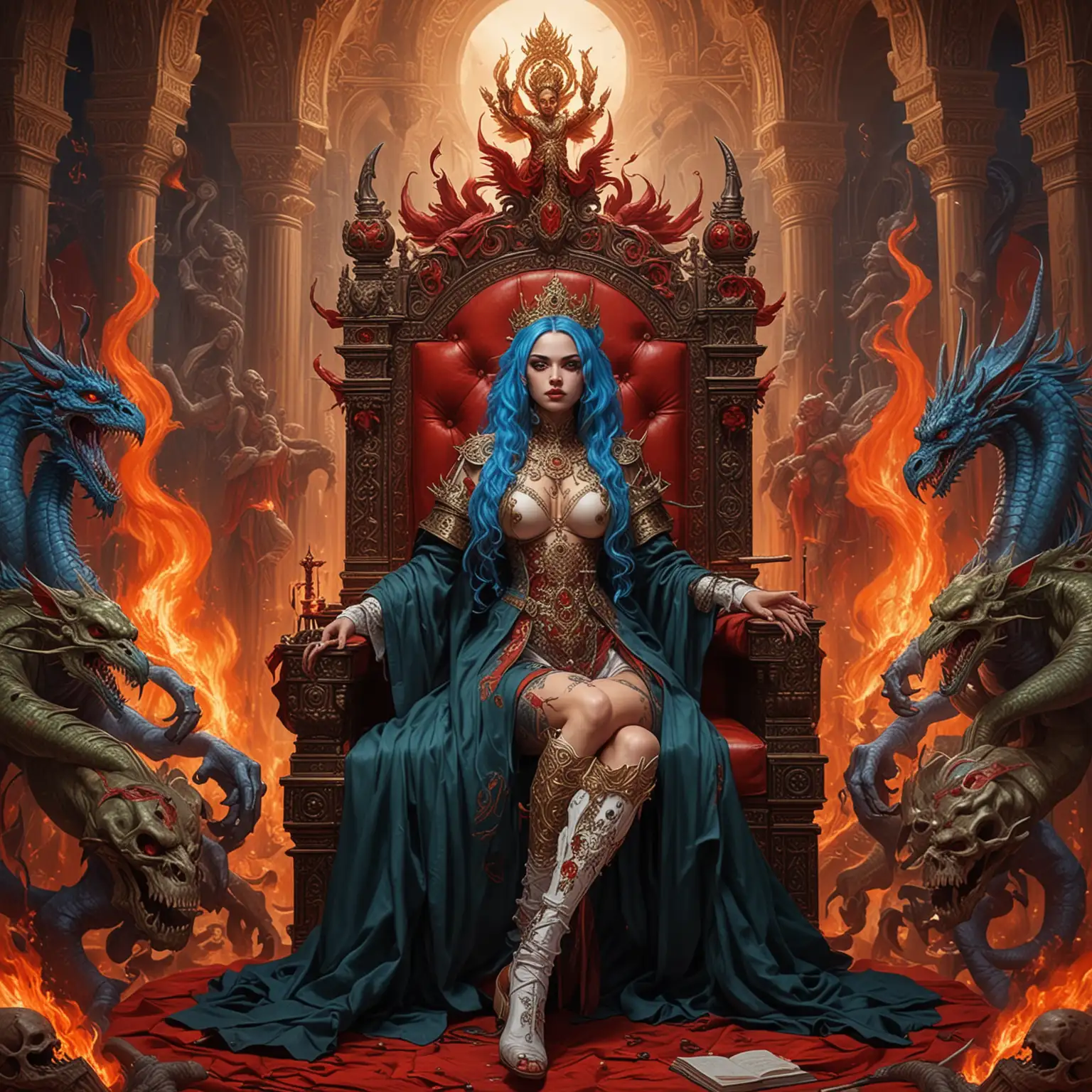 Alien Empress Goddesses Surrounded by Fiery Dragons and a Dark Hindu Palace