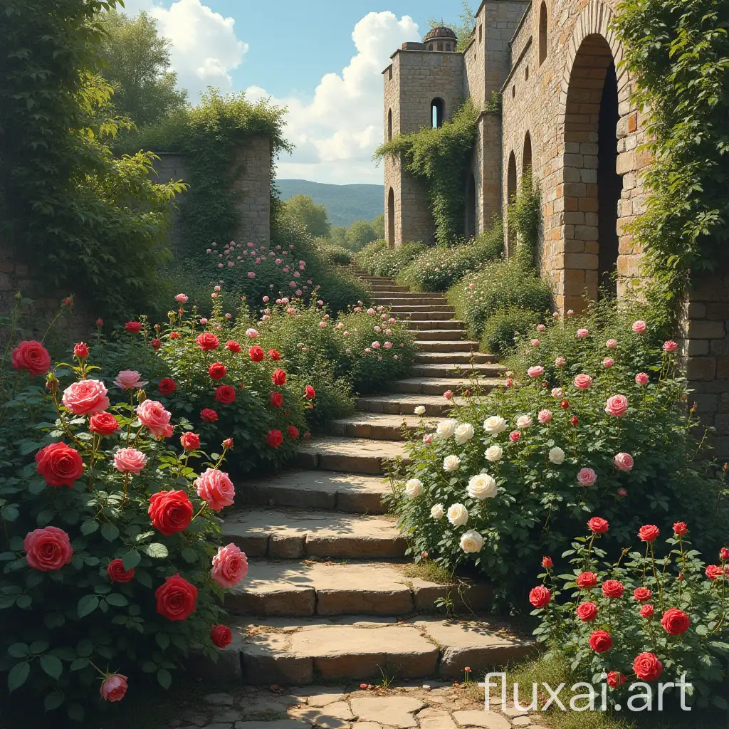 old garden with small red pink and white roses, steps of ruined medieval german castle entwined with roses, in botticelli style