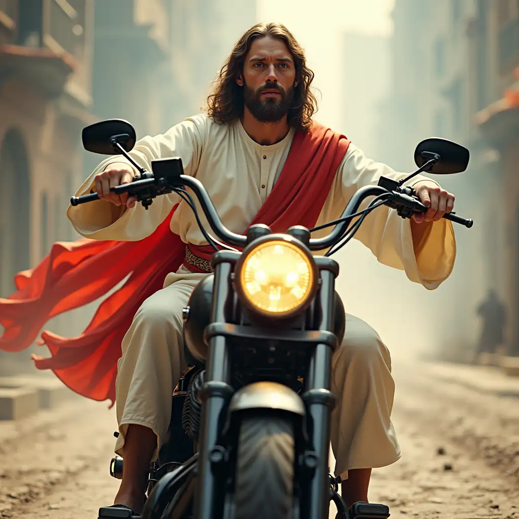 Jesus Christ in his white robe and red sash on a Harley Davidson