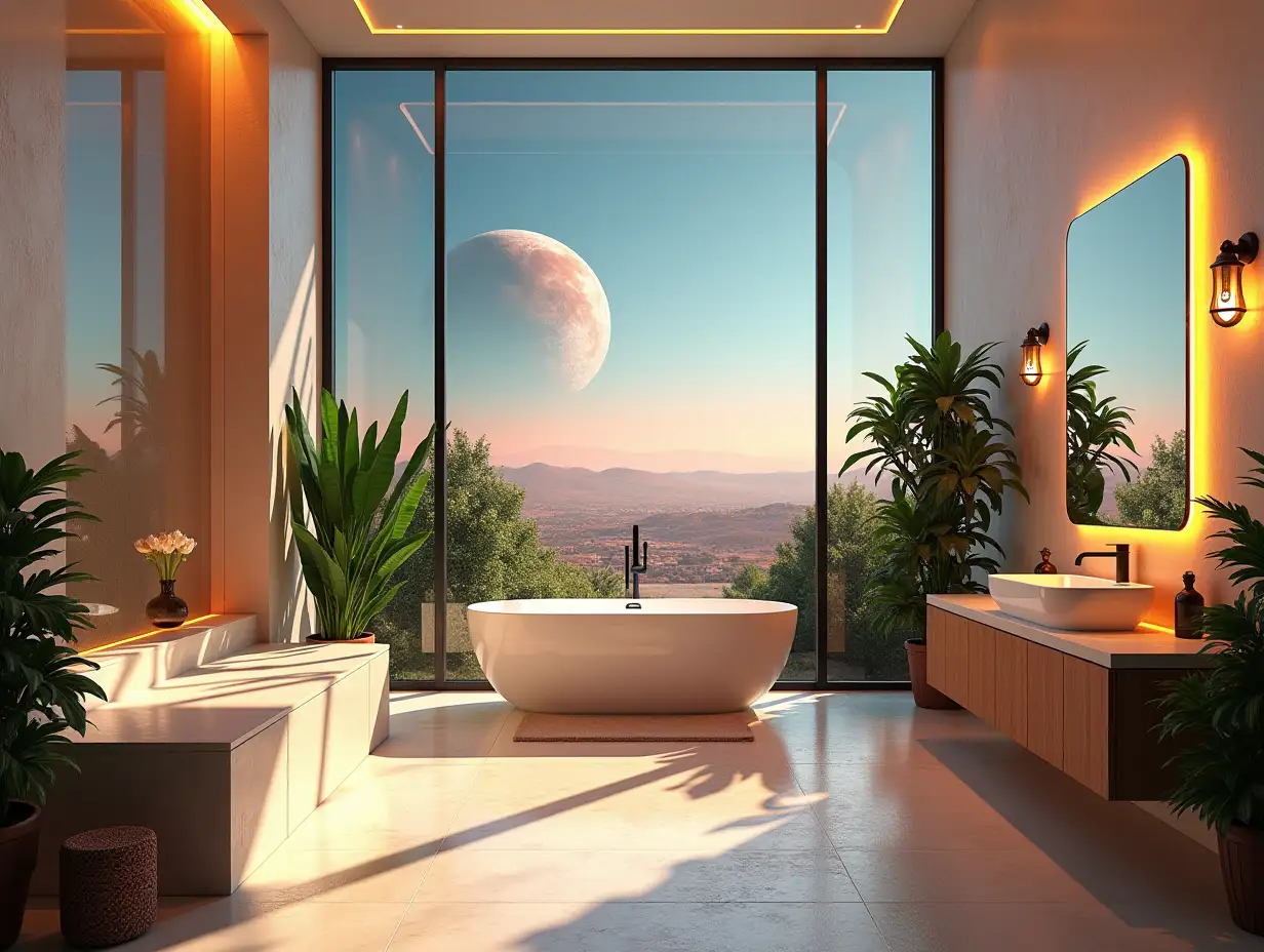 Create a photorealistic image of a very large luxurious bathroom with glass walls with view to Mars,with bathtub,sink,shower furniture and many plants 8K RESOLUTION Colorful and bright